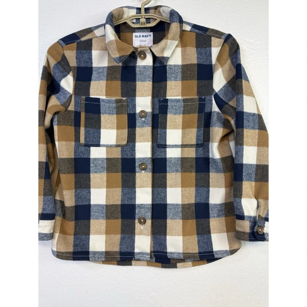 Old Navy Boys Blue Plaid Flannel Button‎ Up Shirt XL 14/16 Long Sleeve Cotton